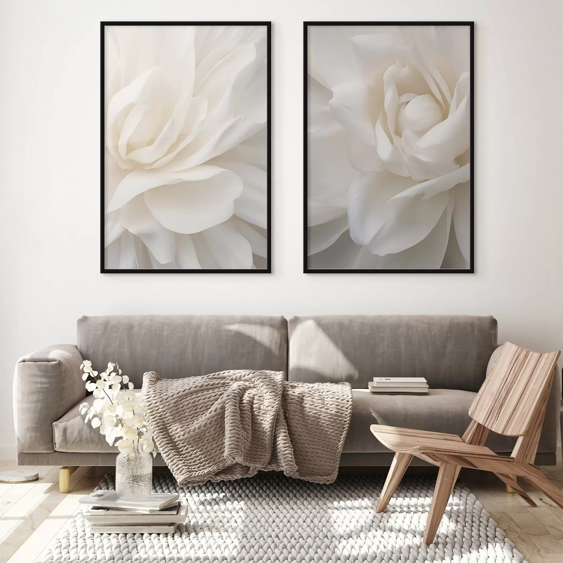 Fotobehang Abstracte witte bloem met delicate, gelaagde bloemblaadjes, minimalistische kunst d01120