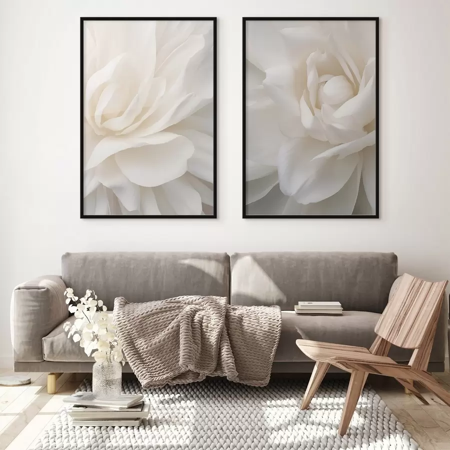 Fotobehang Abstracte witte bloem met delicate, gelaagde bloemblaadjes, minimalistische kunst d01120