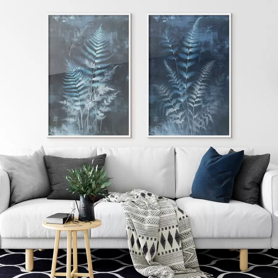 Fotobehang Blauwe varens en planten tegen een donkere, gestructureerde achtergrond, met de nadruk op de ingewikkelde details, röntgeneffect d01121