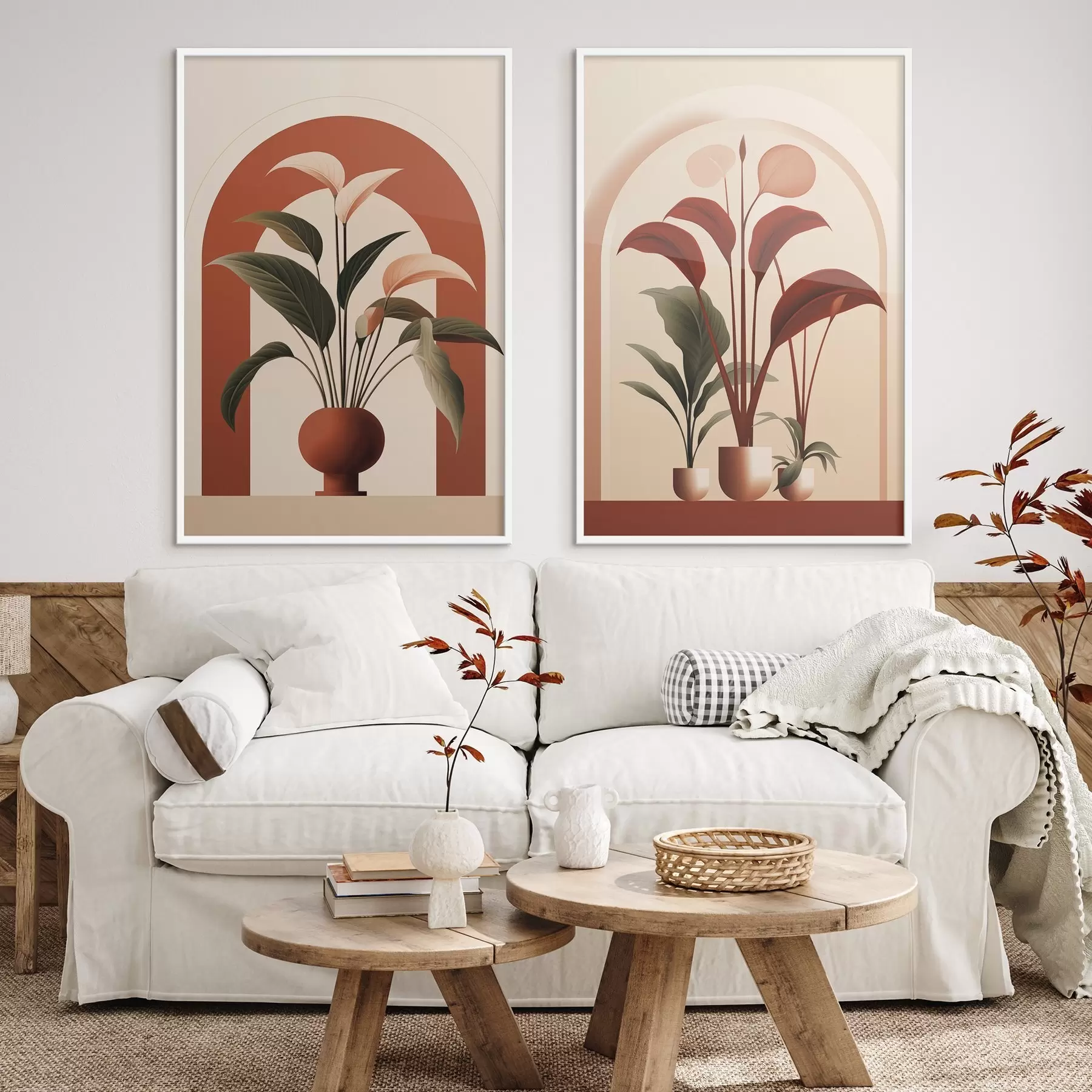 Fotobehang Abstracte potplanten met grote groene en rode bladeren voor een crèmekleurige boog d01124