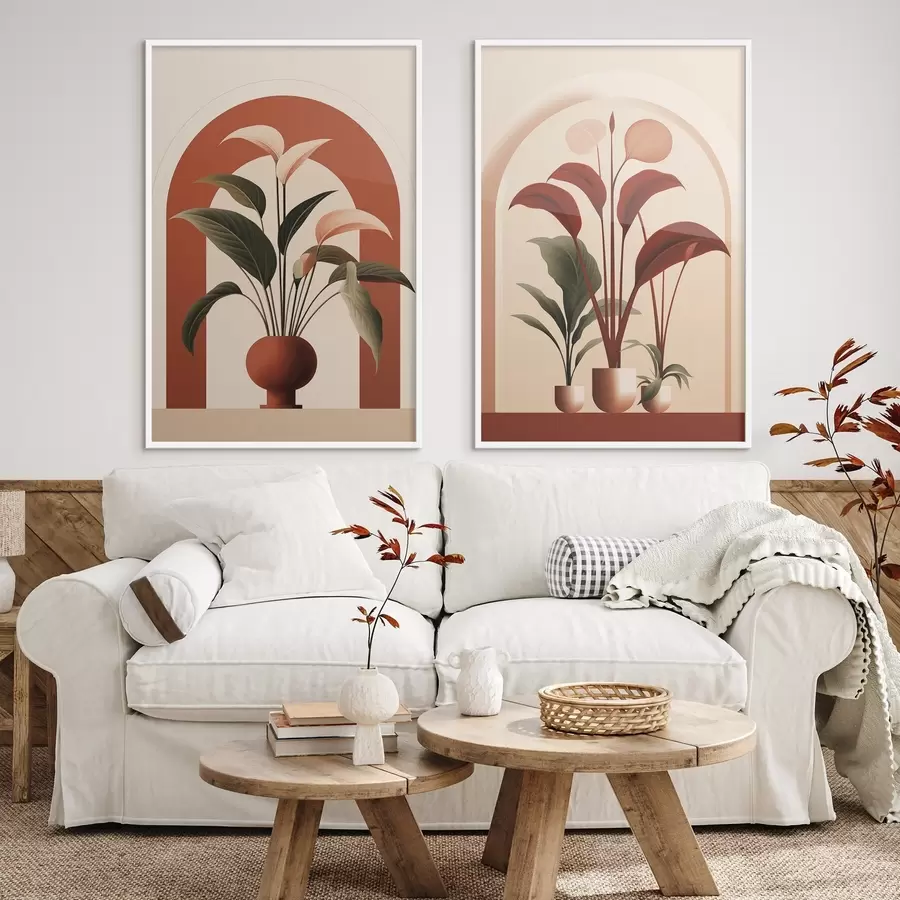 Fotobehang Abstracte potplanten met grote groene en rode bladeren voor een crèmekleurige boog d01124