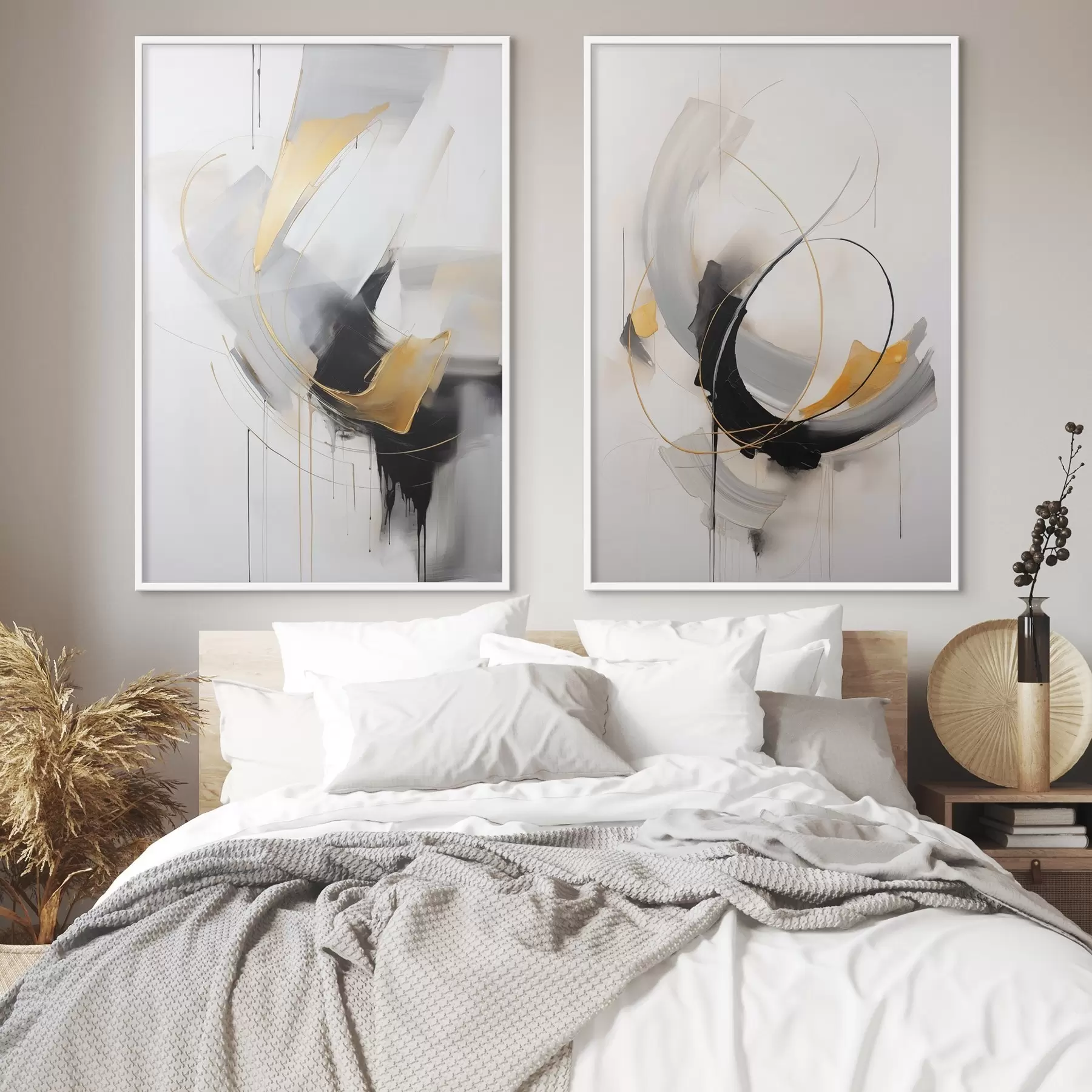 Fotobehang Abstract schilderij met gele en zwart-witte penseelstreken, dynamische lijnen d01125