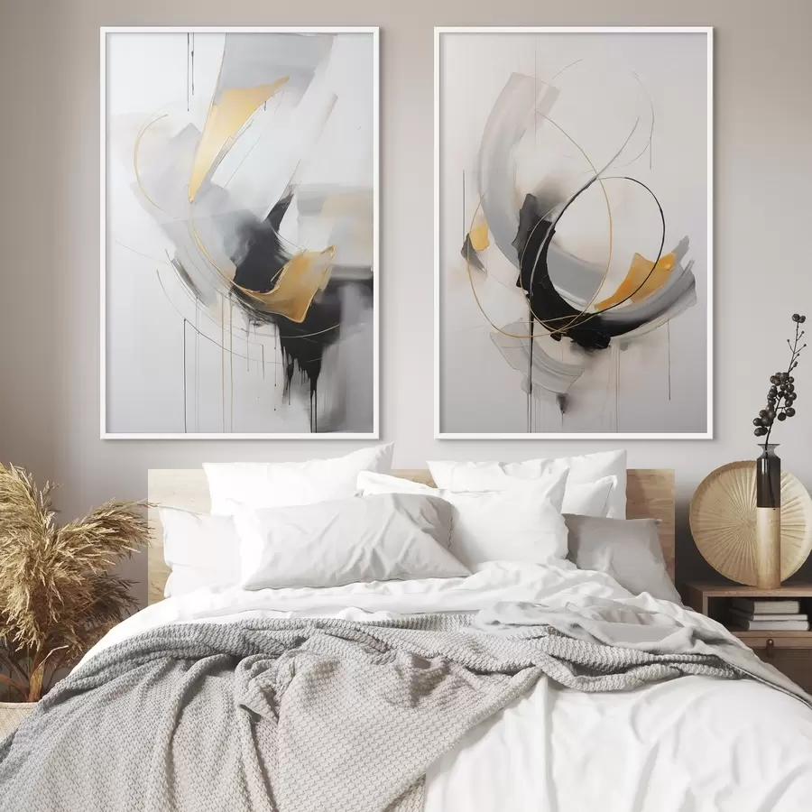 Fotobehang Abstract schilderij met gele en zwart-witte penseelstreken, dynamische lijnen d01125