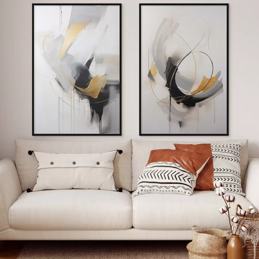 Fotobehang Abstract schilderij met gele en zwart-witte penseelstreken, dynamische lijnen d01125