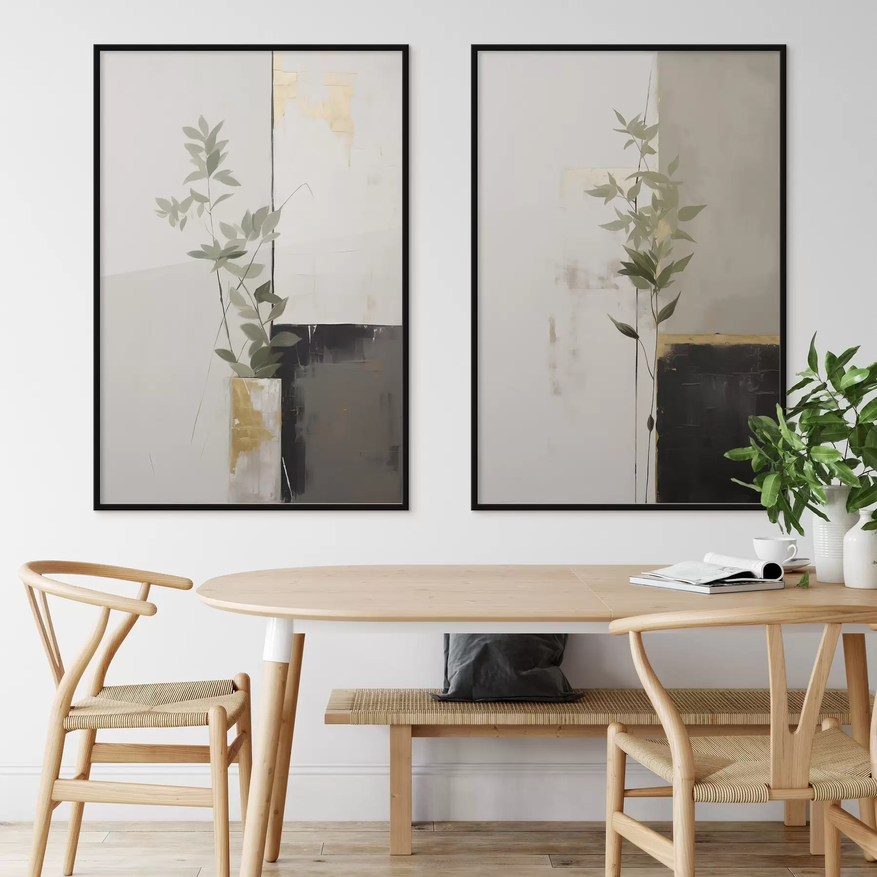 Fotobehang Een minimalistisch schilderij met textuur van een vaas met groene bladeren tegen een achtergrond van abstracte geometrische vormen. d01126