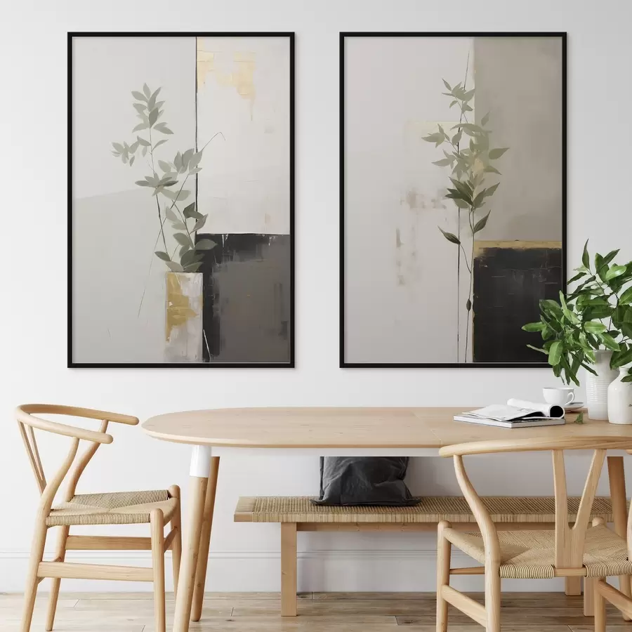 Fotobehang Een minimalistisch schilderij met textuur van een vaas met groene bladeren tegen een achtergrond van abstracte geometrische vormen. d01126