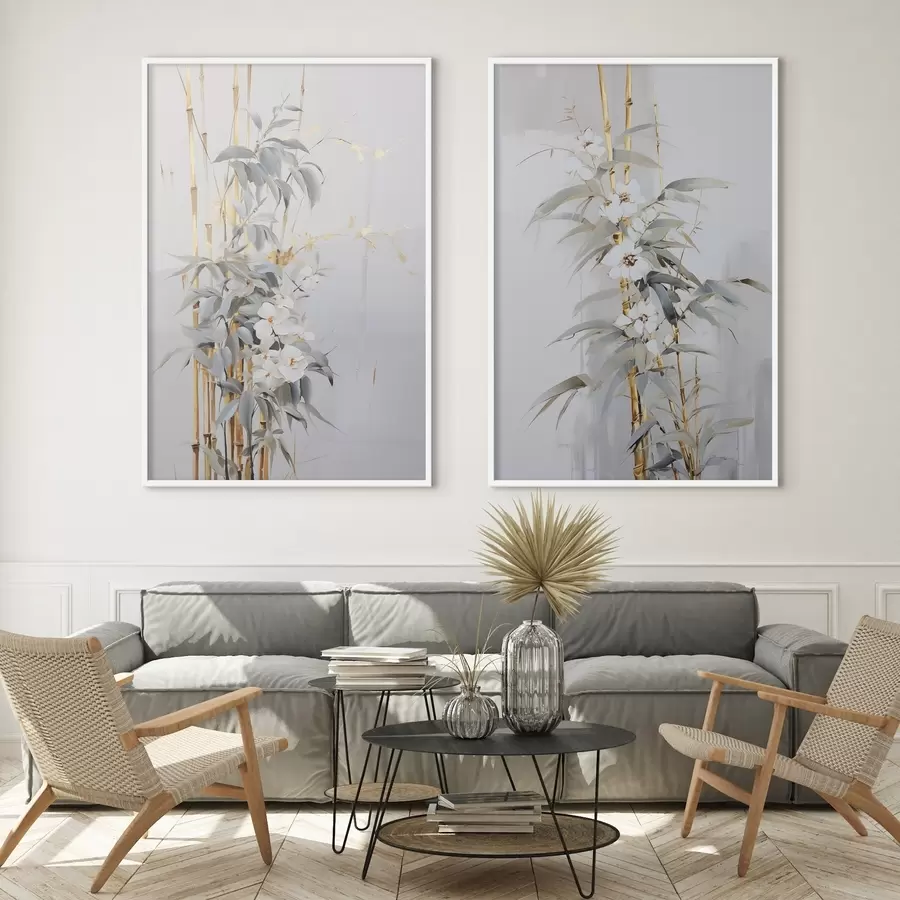 Fotobehang Abstracte bamboestengels met gele accenten, delicate witte bloemen en lichtgroene bladeren, grijze achtergrond d01127