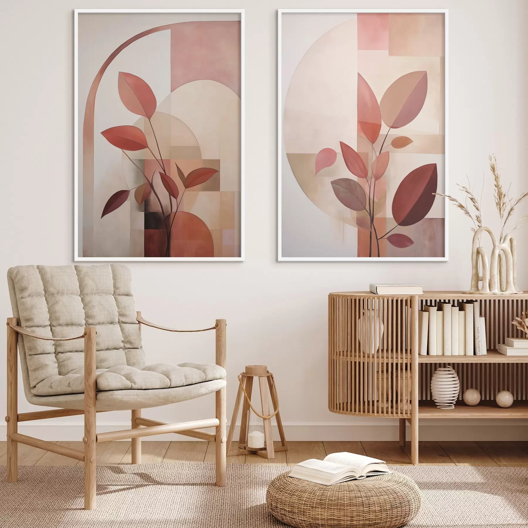 Fotobehang Abstracte plant met rode bladeren tegen een achtergrond van geometrische vormen en zachte, gedempte kleuren d01128