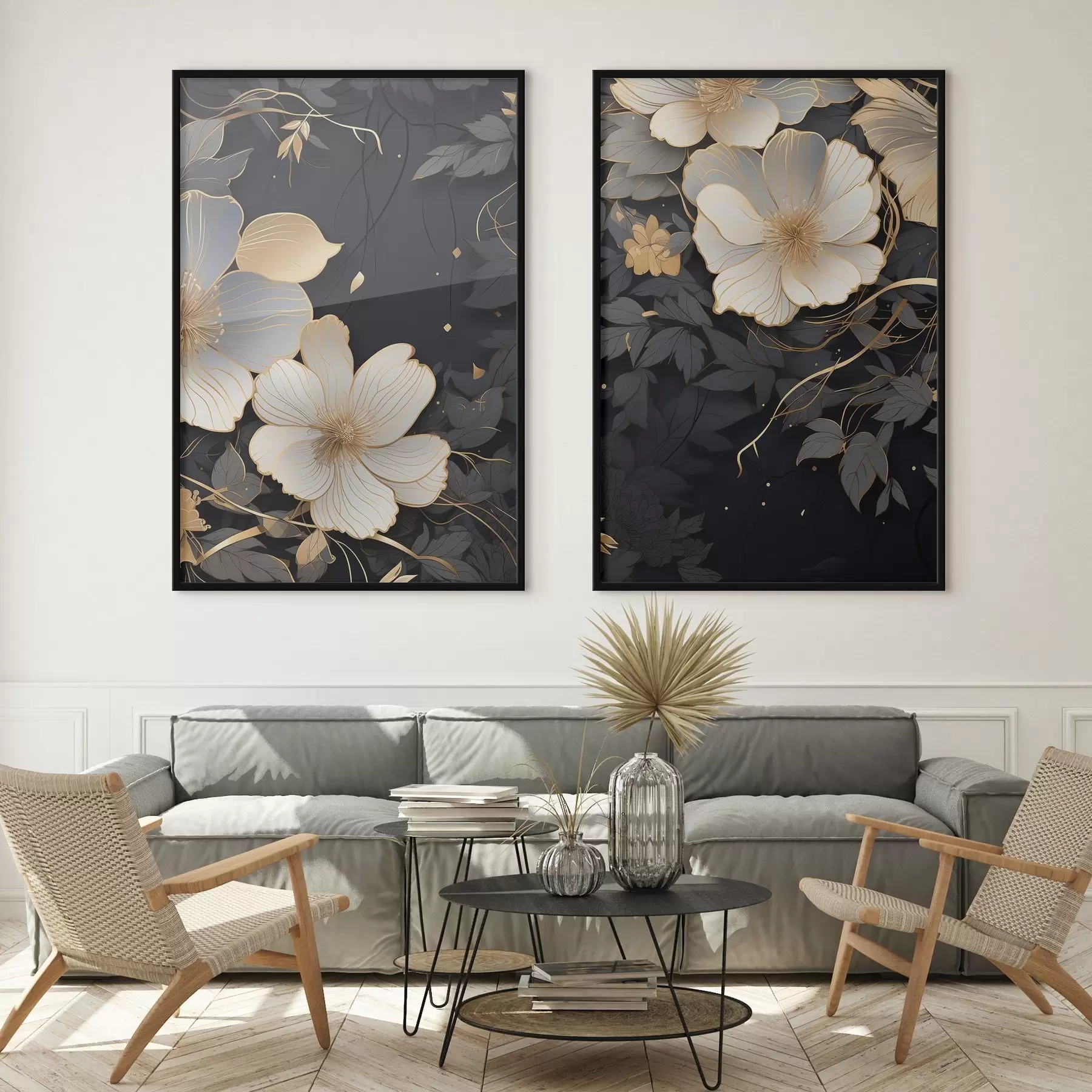 Fotobehang Grote abstracte bloemen op een donkere achtergrond d01066