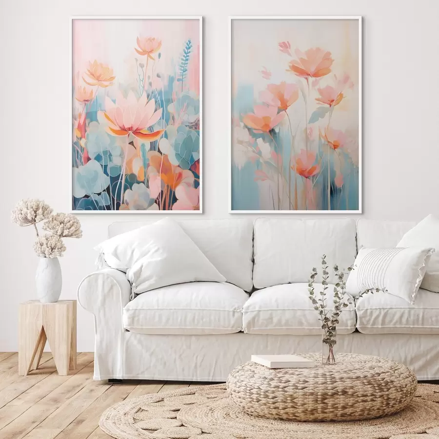 Fotobehang Aquarelharmonie van bloemen in een roze-blauw palet d01084