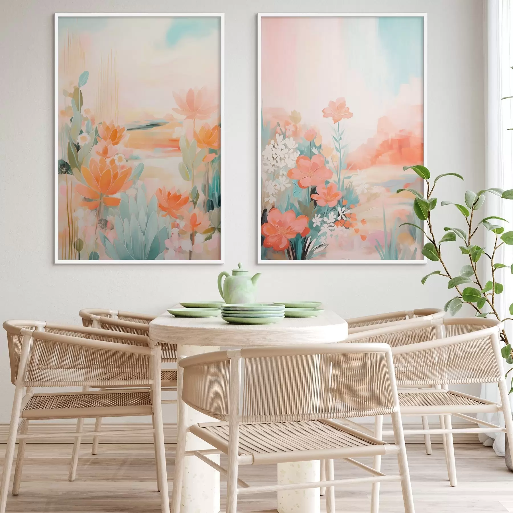 Fotobehang Bloemmotieven in pasteltinten tegen de achtergrond van een licht mistige vallei d01085