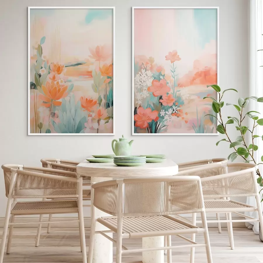 Fotobehang Bloemmotieven in pasteltinten tegen de achtergrond van een licht mistige vallei d01085