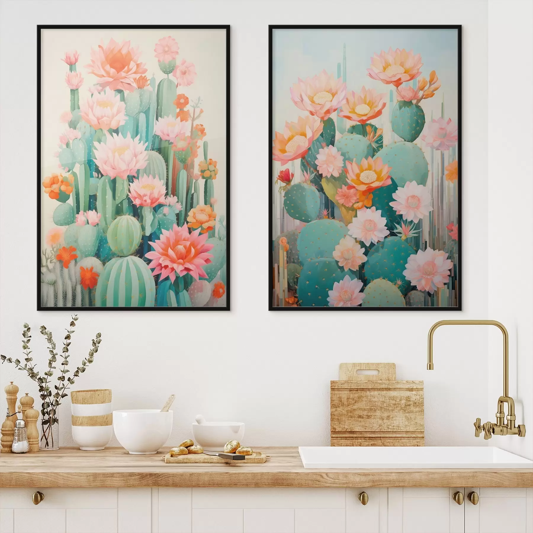 Fotobehang Cactussen met grote bloemen, een pastelkleurenpalet en een gevoel van rust d01086