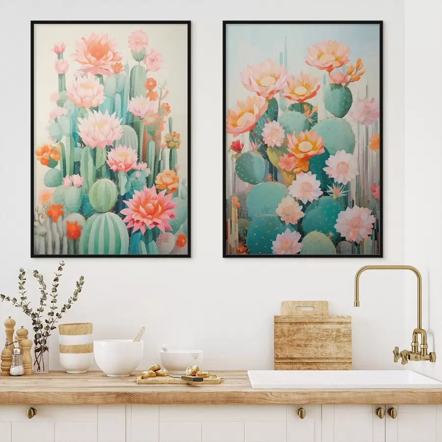 Fotobehang Cactussen met grote bloemen, een pastelkleurenpalet en een gevoel van rust d01086