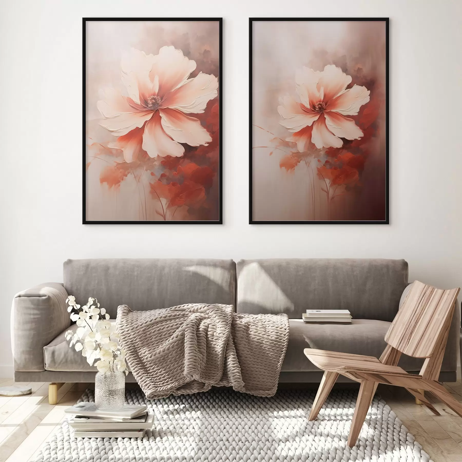 Fotobehang Bloemensamenstelling: witte en crèmekleurige bloemblaadjes, koraalkleurige accenten en een zachte, mistige achtergrond d01088