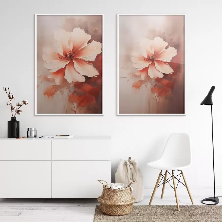 Fotobehang Bloemensamenstelling: witte en crèmekleurige bloemblaadjes, koraalkleurige accenten en een zachte, mistige achtergrond d01088