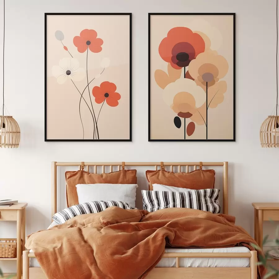 Fotobehang Minimalistisch bloemendiptiek in warme beige-koraaltinten met grafische lijnen d01090