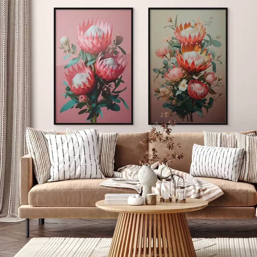 Fotobehang Proteas in twee stemmingen: rijke roze achtergrond en een warm olijfgroen kleurverloop d01092