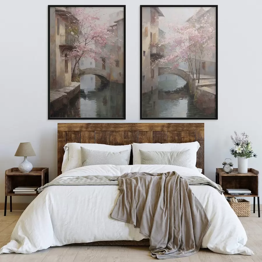 Fotobehang romantisch stadsgezicht met een bloeiende boom in de stijl van een olieverfschilderij d01173