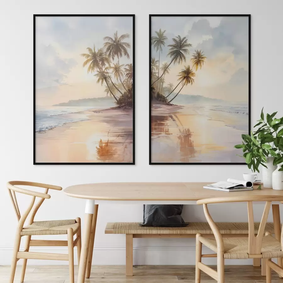 Fotobehang zonsondergangstrand op een eiland in aquarelstijl d01177