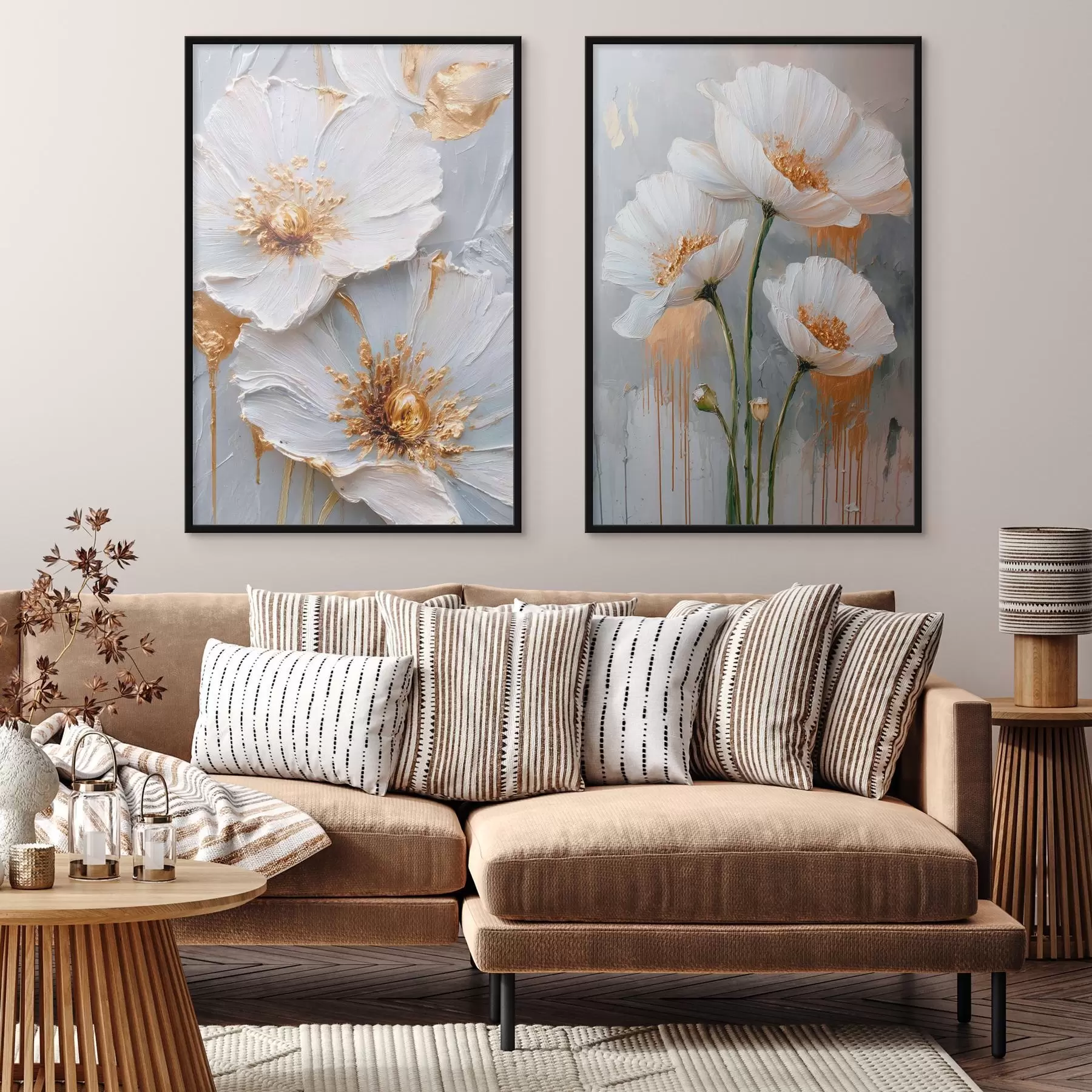 Fotobehang Volumetrisch schilderij van witte bloemen met gouden accenten op een grijze achtergrond d00568