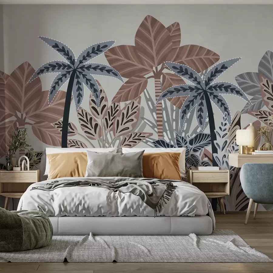 Fotobehang Getextureerde tropische planten en palmbomen met gedempte kleuren in decoratieve boho-stijl tegen een grijze achtergrond w09639v1