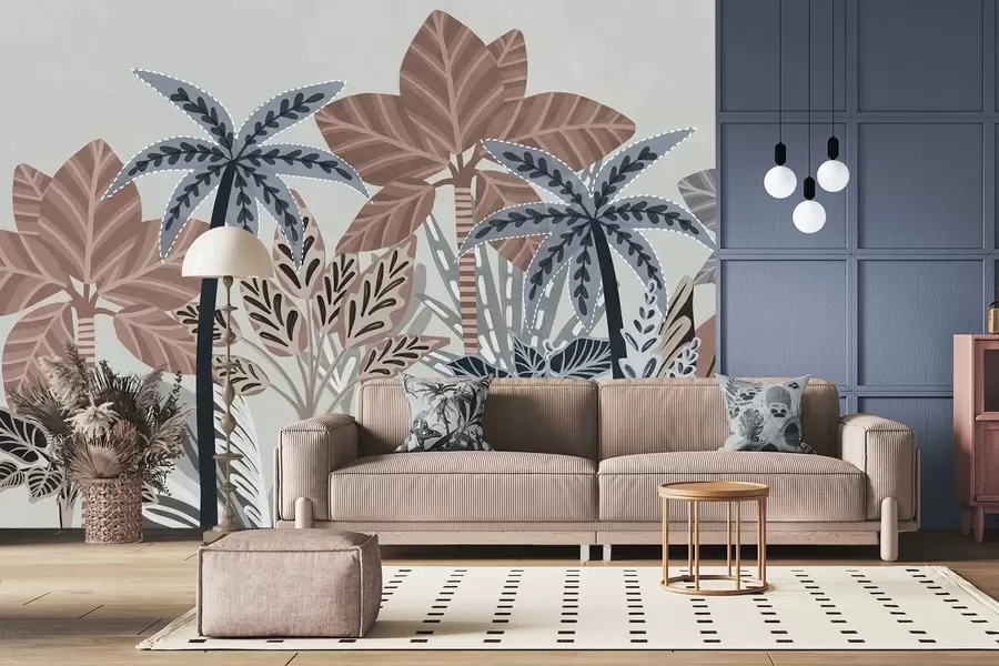 Fotobehang Getextureerde tropische planten en palmbomen met gedempte kleuren in decoratieve boho-stijl tegen een grijze achtergrond w09639v1