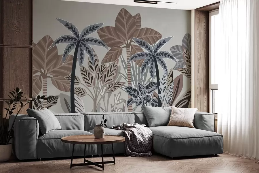 Fotobehang Getextureerde tropische planten en palmbomen met gedempte kleuren in decoratieve boho-stijl tegen een grijze achtergrond w09639v1