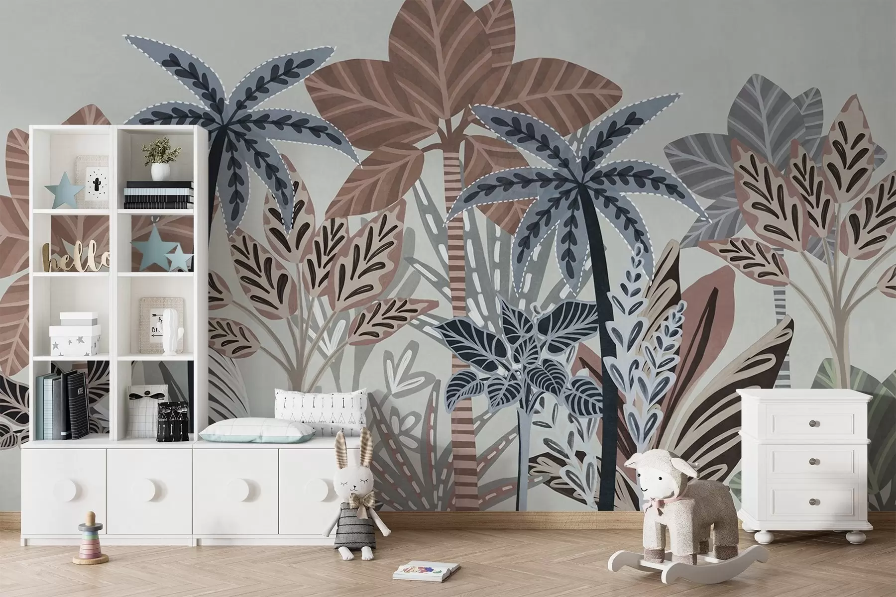 Fotobehang Getextureerde tropische planten en palmbomen met gedempte kleuren in decoratieve boho-stijl tegen een grijze achtergrond w09639v1