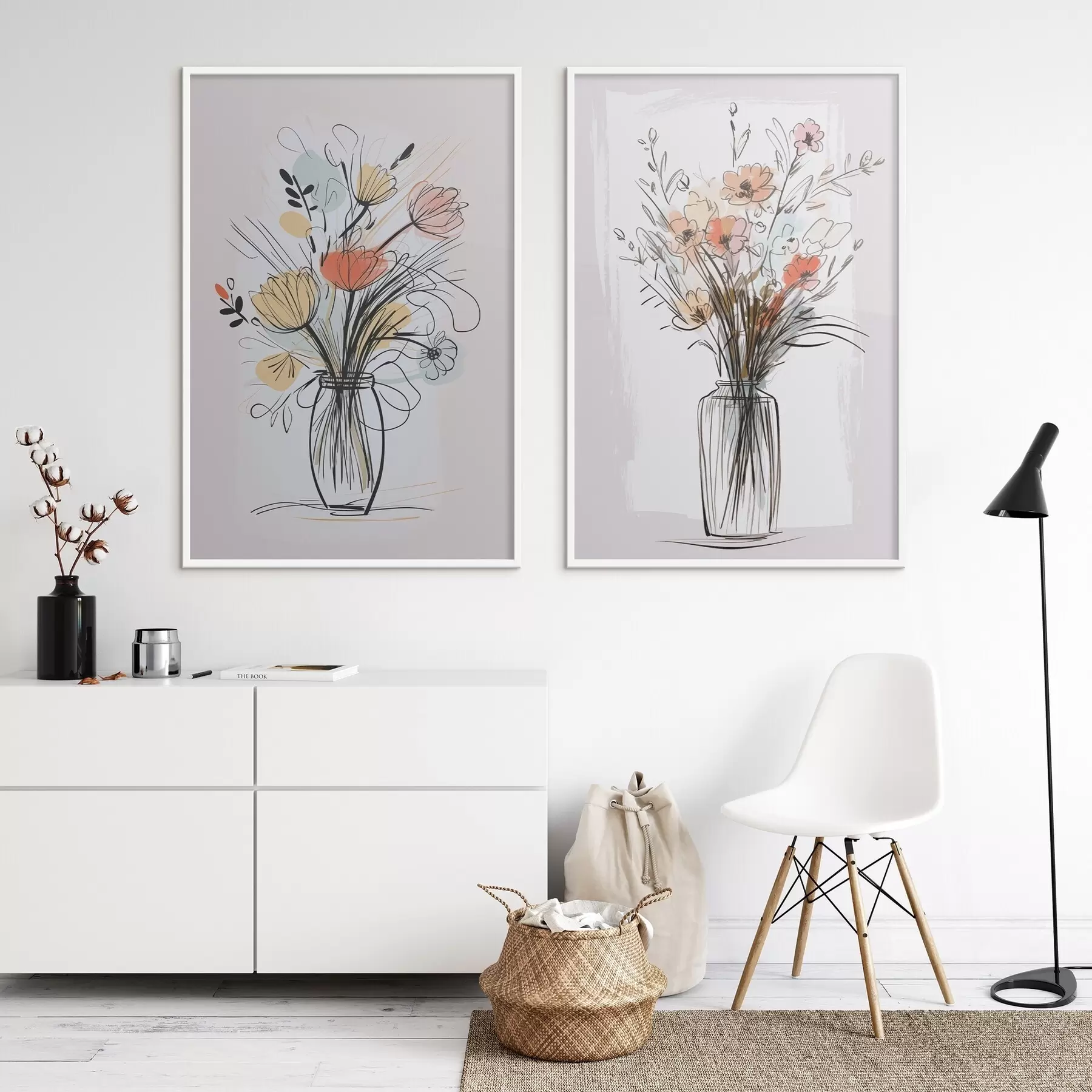 Fotobehang Bloemen in een vaas, imitatie van een tekening d01224