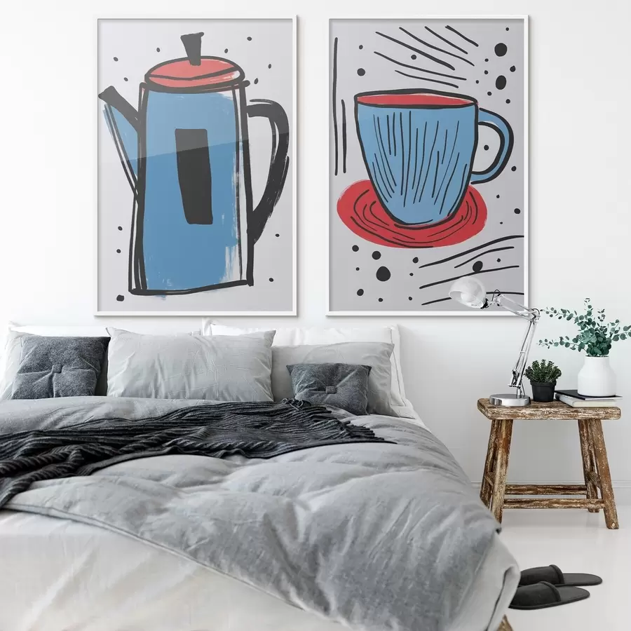 Fotobehang Koffiepot en kopje imitatie van een primitieve tekening d01225