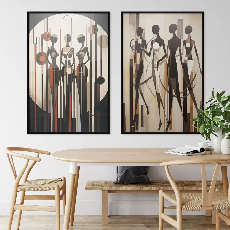 Fotobehang Gestileerde vrouwelijke figuren met geometrische elementen tegen een abstracte achtergrond van verticale lijnen en cirkels d01237