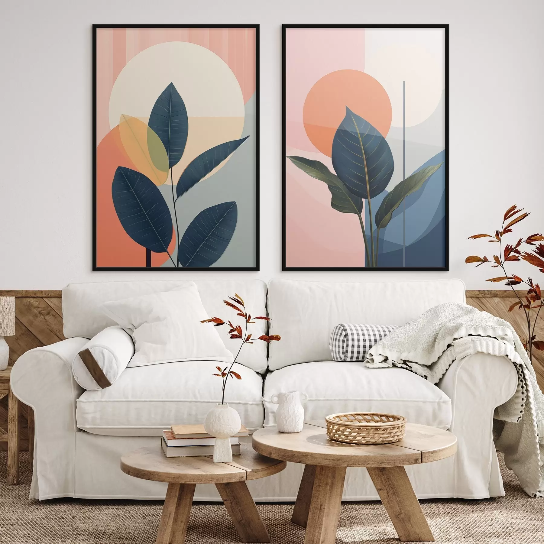 Fotobehang Donkere bladeren tegen een achtergrond van abstracte vormen in perzik en grijs met een grote, lichtgele cirkel d01238