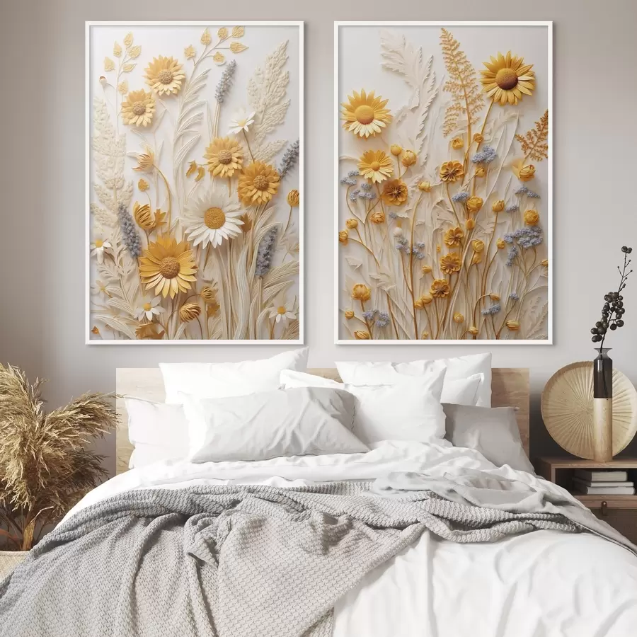 Fotobehang Een collectie met textuur van gele en witte madeliefjes met gedroogde grassen en lavendeltakjes op een witte achtergrond d01241