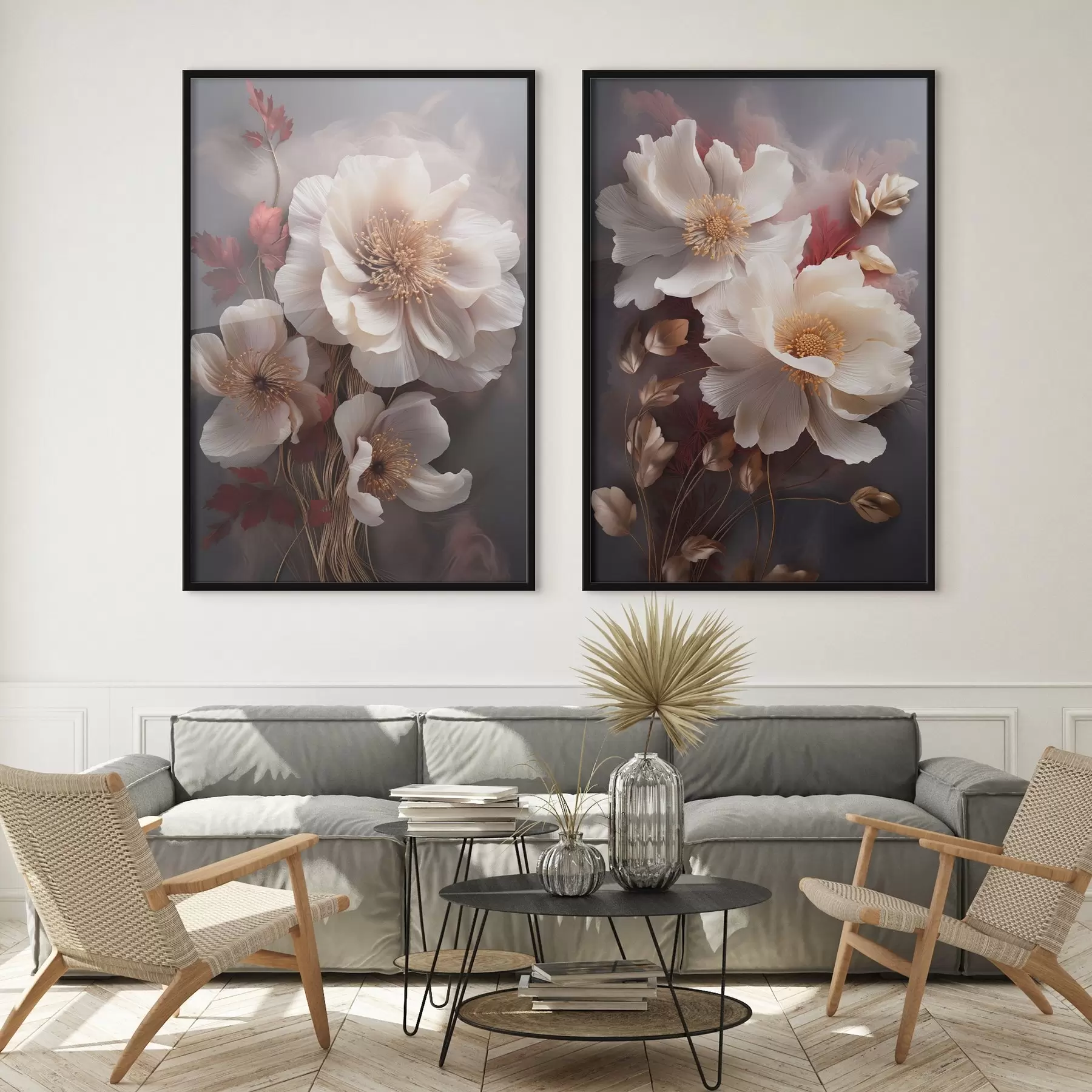 Fotobehang Delicate pioenrozen met dunne, ijle bloemblaadjes, omgeven door donkerrode en gele bladeren tegen een abstracte achtergrond d01243