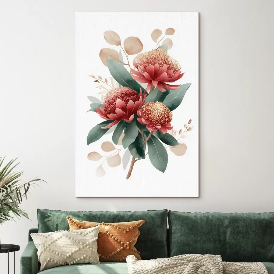  Schilderijen Expressief boeket van protea's en decoratief blad in moderne kunstillustratiestijl s46954