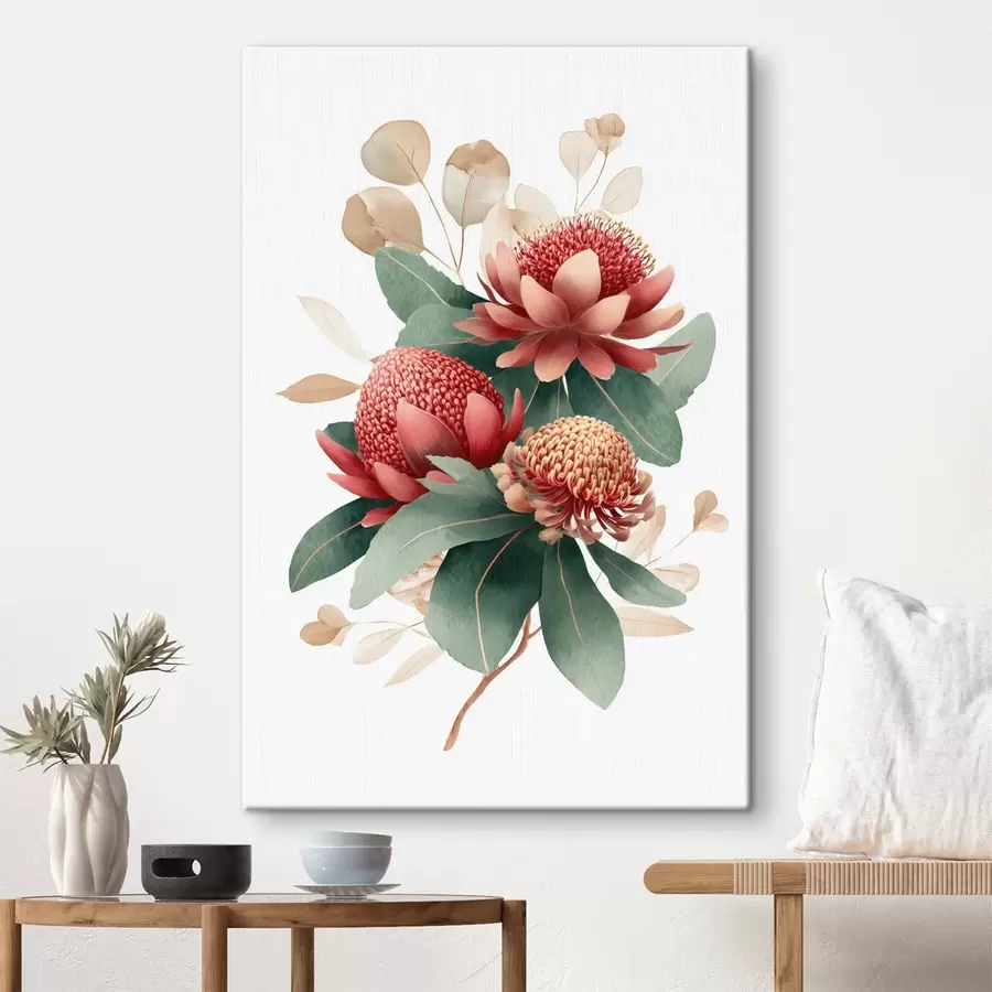  Schilderijen Bloemstuk met grote protea's en eucalyptus in moderne digitale schilderstijl s46955