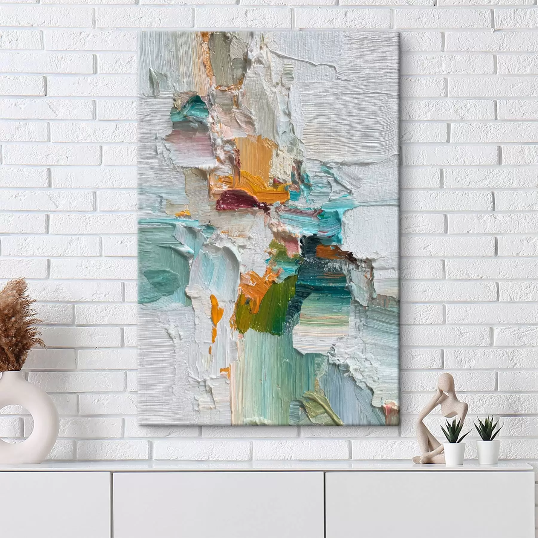  Schilderijen Compositie met turquoise en oranje accenten in olieverfstijl s46958