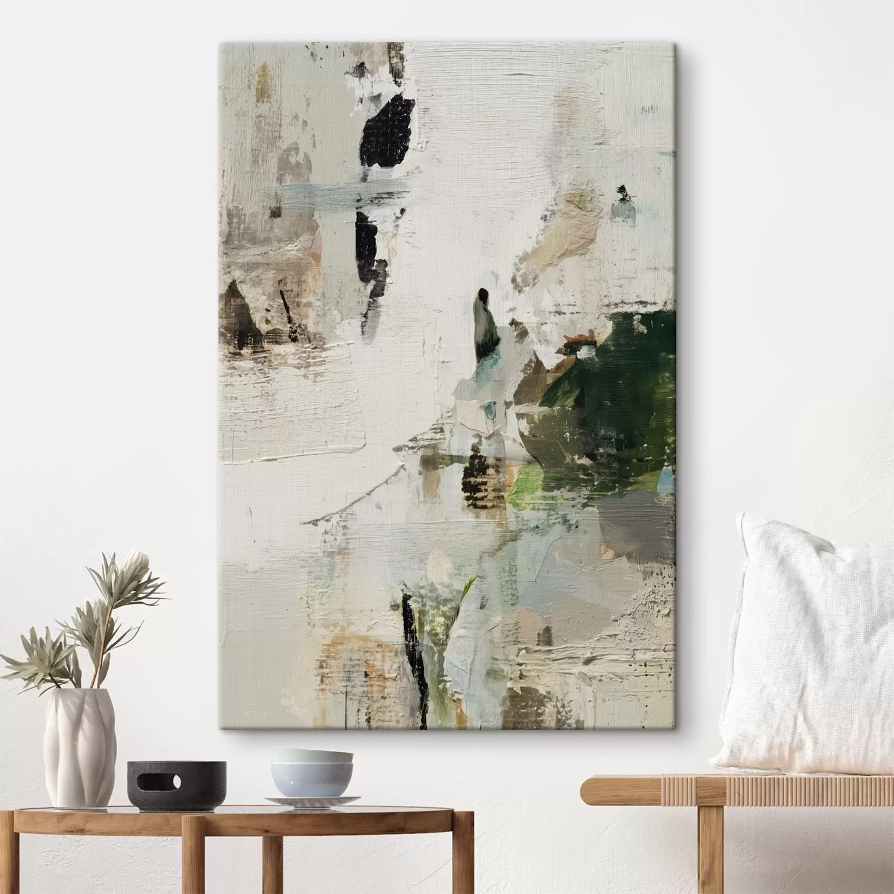  Schilderijen Abstracte compositie in pasteltinten met donkergroene accenten in olieverfstijl s46960