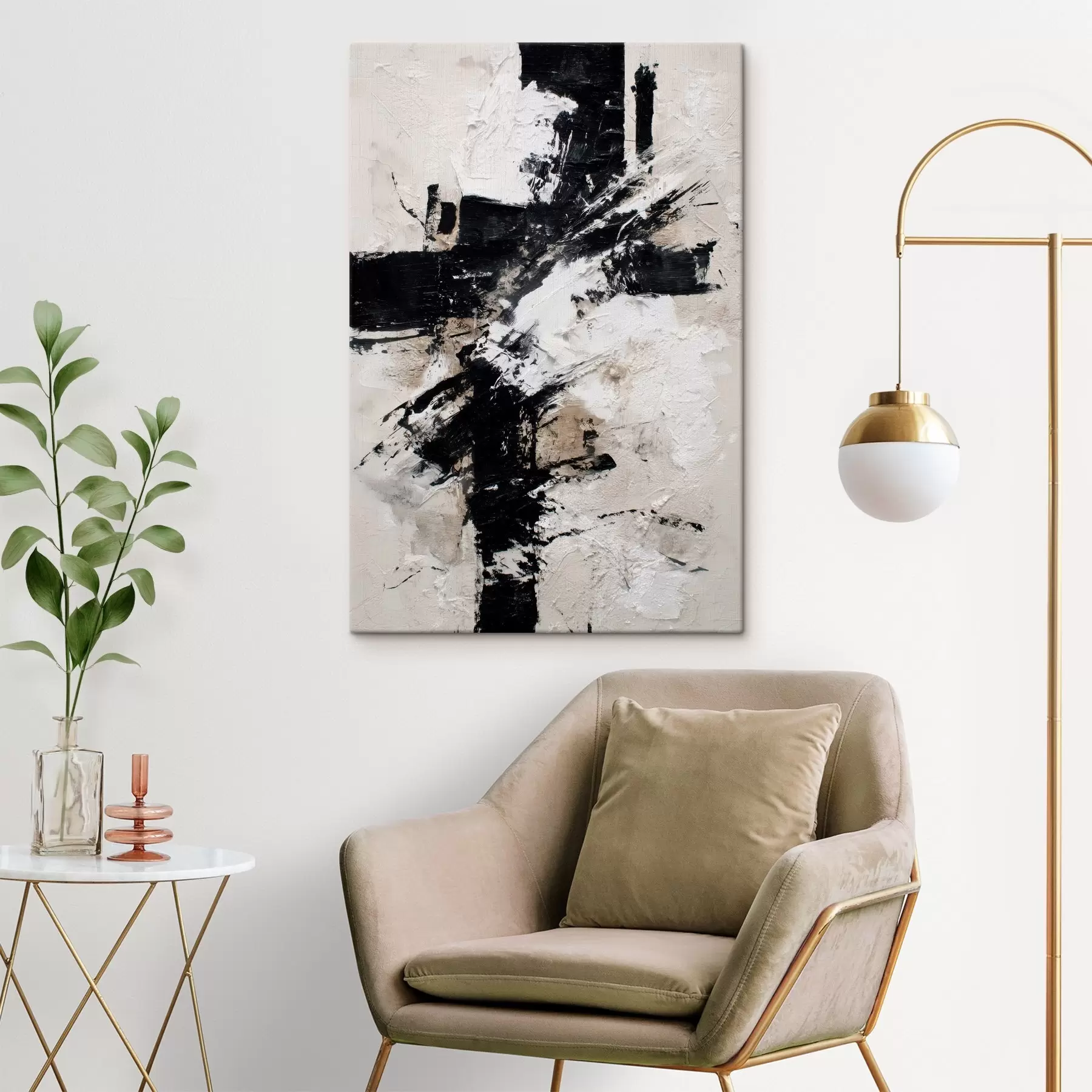  Schilderijen Modern abstract interieur met chaotische lijnen en volumetrische penseelstreken in canvas schilderstijl s47090