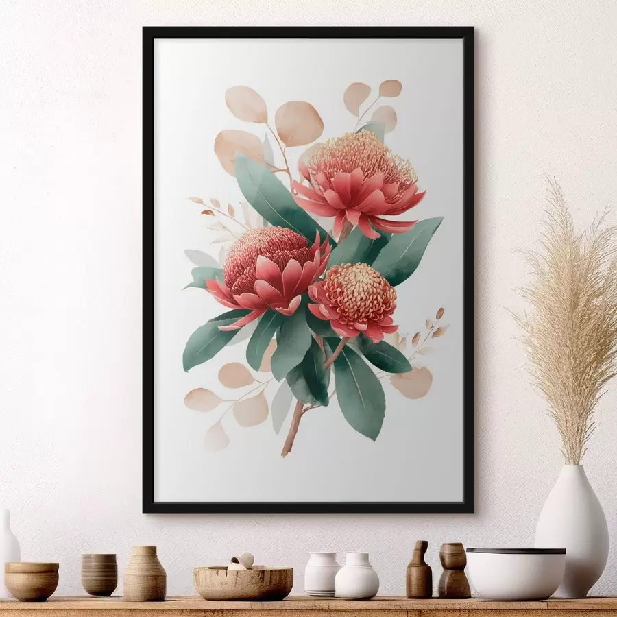 Fotobehang Expressief boeket van protea's en decoratief blad in moderne kunstillustratiestijl f46954