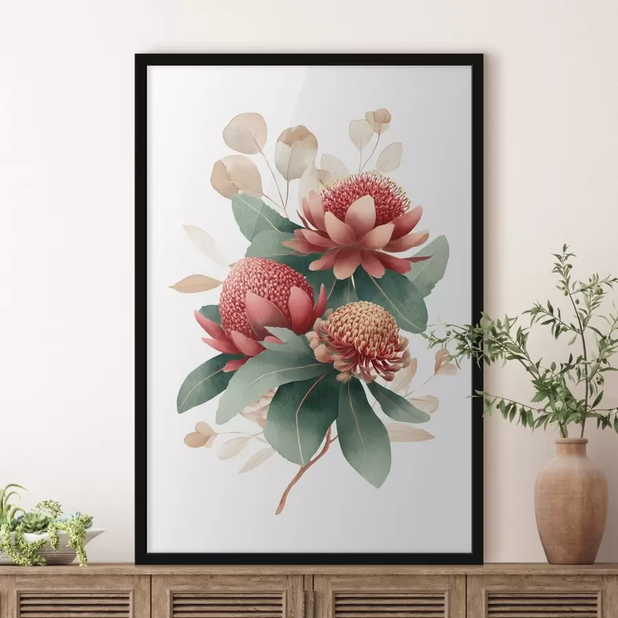 Fotobehang Bloemstuk met grote protea's en eucalyptus in moderne digitale schilderstijl f46955