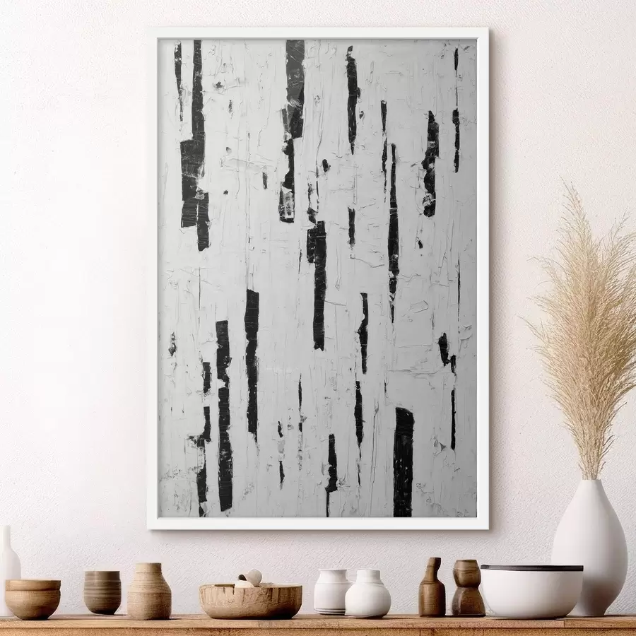 Fotobehang Abstracte compositie met zwarte verticale penseelstreken op een witte achtergrond in olieverfstijl f46956