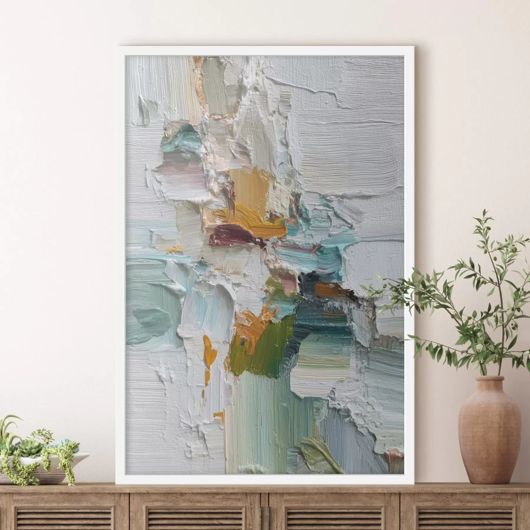 Fotobehang Compositie met turquoise en oranje accenten in olieverfstijl f46958