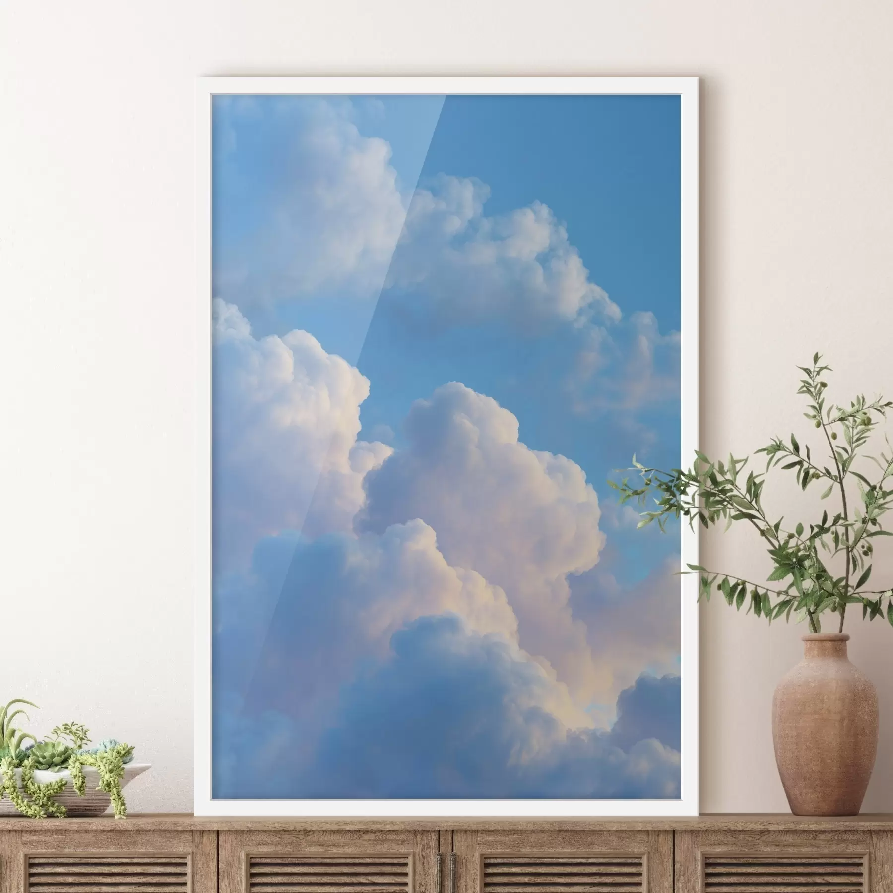 Fotobehang Volumineuze wolken in een zacht blauw en roze kleurenpalet in fotorealistische digitale grafische stijl f47088