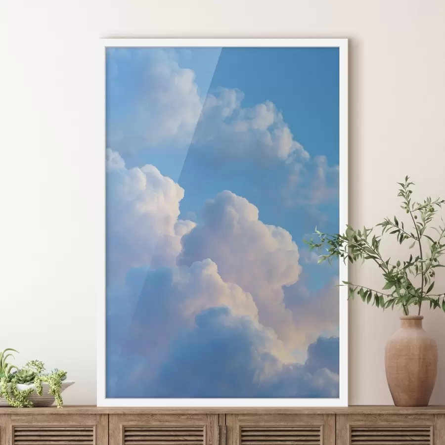 Fotobehang Volumineuze wolken in een zacht blauw en roze kleurenpalet in fotorealistische digitale grafische stijl f47088