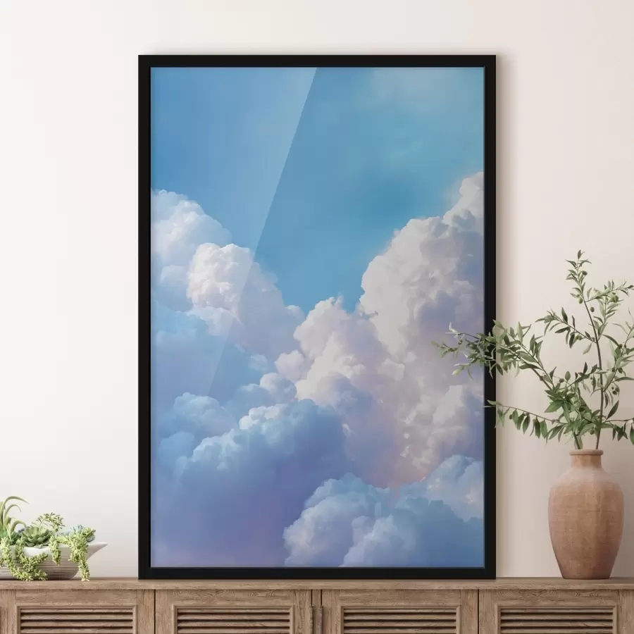 Fotobehang Pittoresk luchtlandschap met enorme witte wolken in digitale grafische stijl f47089