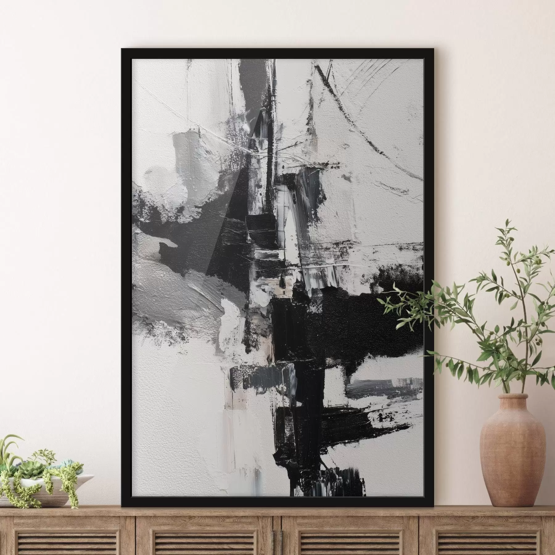 Fotobehang Textuurillustratie met contrasterende zwarte en grijze penseelstreken in olieverfstijl f47091