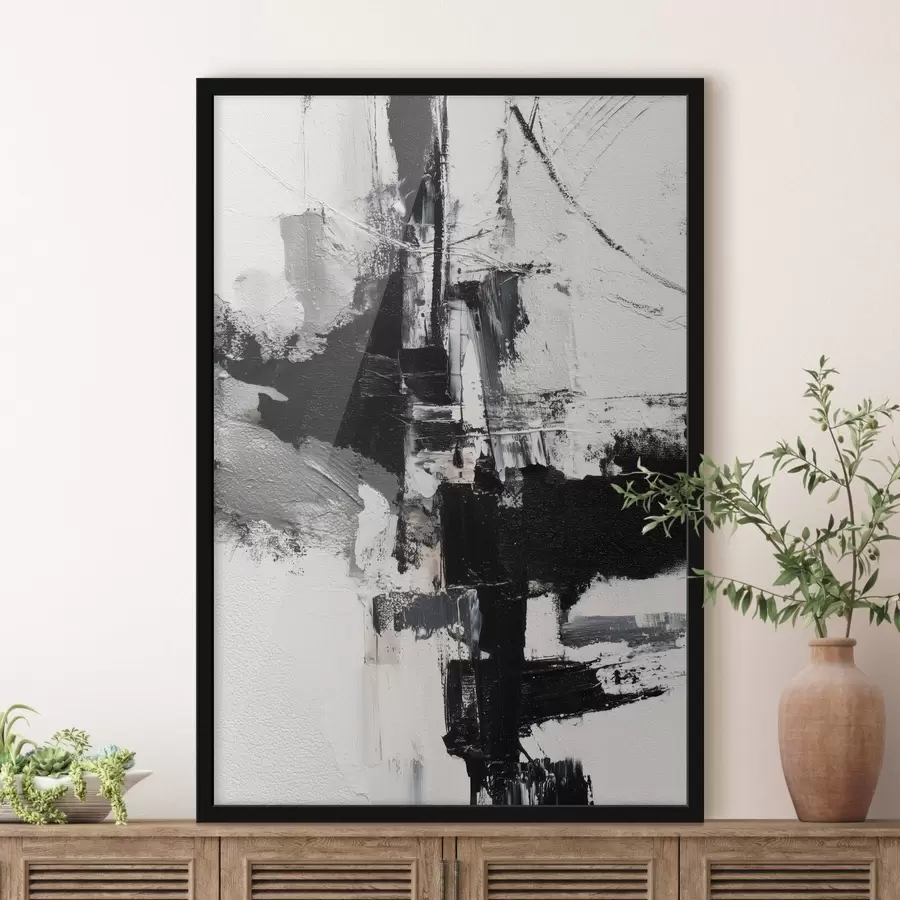 Fotobehang Textuurillustratie met contrasterende zwarte en grijze penseelstreken in olieverfstijl f47091