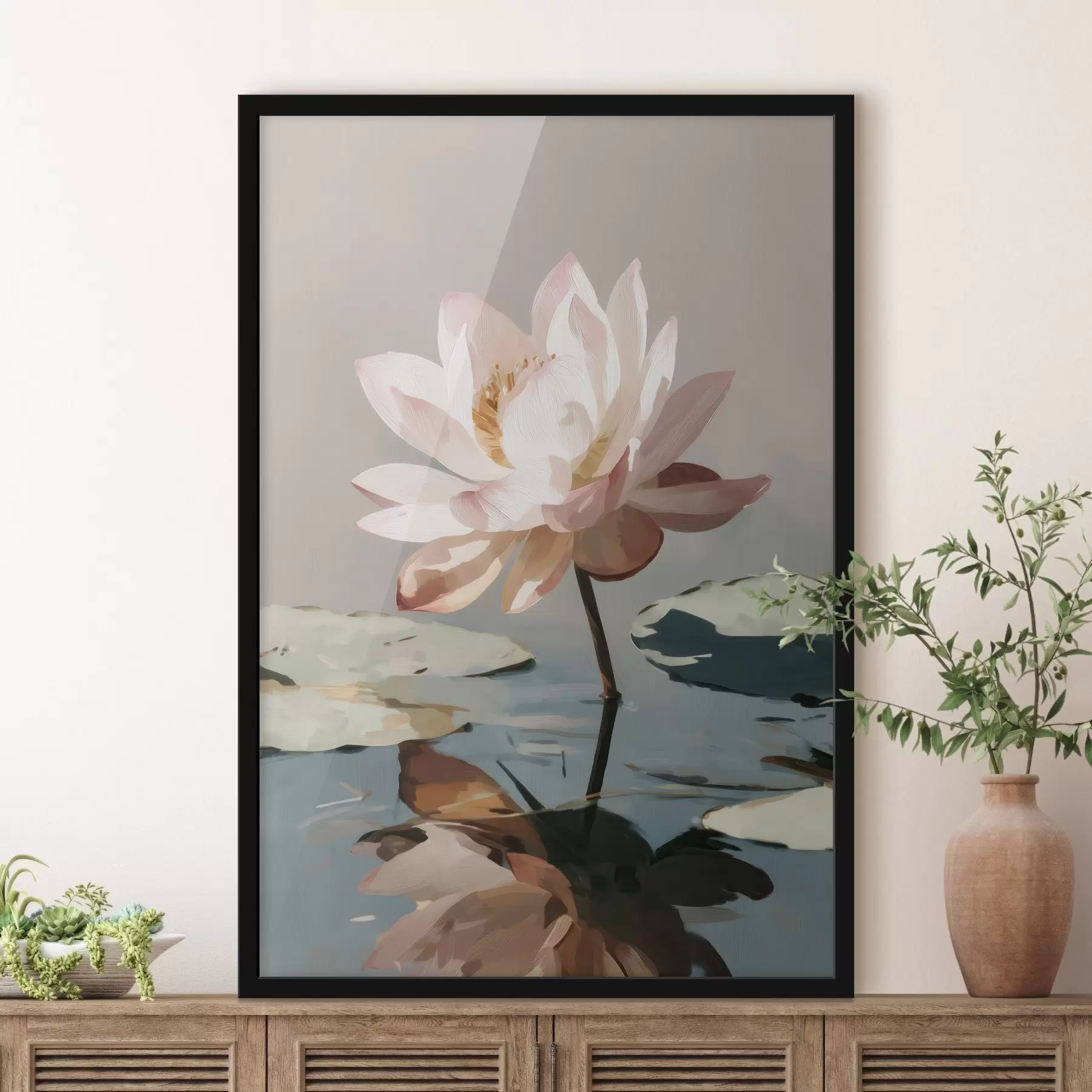 Fotobehang Witte lotus op een pastelkleurige achtergrond in olieverfstijl f47093